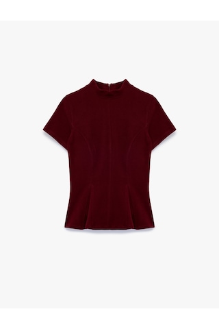 Koton Slim Fit Dokulu Dik Yaka Kısa Kollu Peplum Bluz Bordo 7wak50107ek
