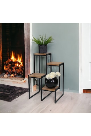 Metal Saksılık 4 Ahşap Raflı Dekoratif Saksı Standı Garden Çam