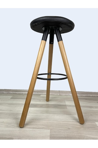 Banco Bar Sandalyesi, Bar Taburesi 74cm Ahşap Ayak Siyah Deri Oturak Çok Renkli