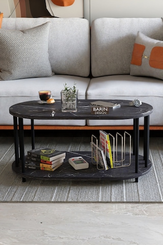 Modern Oval Orta Sehpa Çift Katlı Metal Ayaklı Salon, Ofis, Dekoratif Sehpa, Kahve Sehpası Siyah