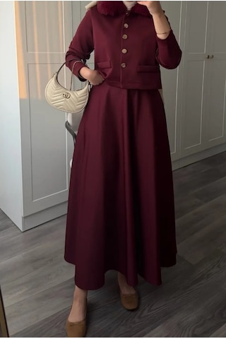 Molly Nelly Kadın Yaka Kürk Detaylı Skuba Etekli Takım Bordo