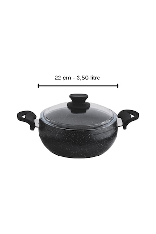 Granit Pro 22 Cm Derin Granit Güveç Tencere Siyah Bakalit Saplı Cam Kapaklı Yapışmaz