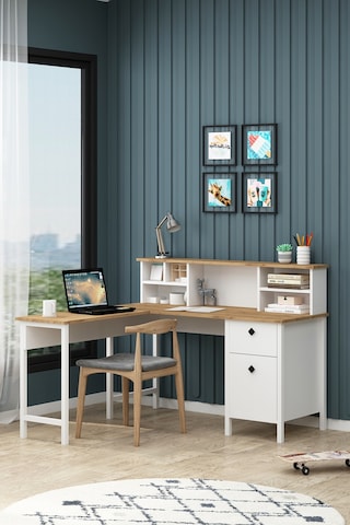 Remy Çalışma Masası Raflı L Köşe Bilgisayar Ofis Masası Sepet-beyaz Sepet-beyaz