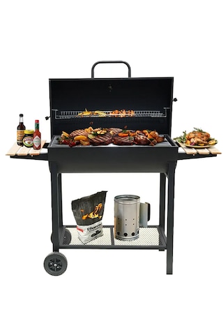 Tekerlekli Kömürlü Dikdörtgen Ahşap Sehpalı Bbq Dökme Demir Kömür