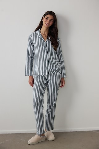 Penti Koyu Yeşil Lazy Morning Çizgili Pamuklu Gömlek Yaka Pijama Takımı Pnl0cyg025sk-dg14 Dg14