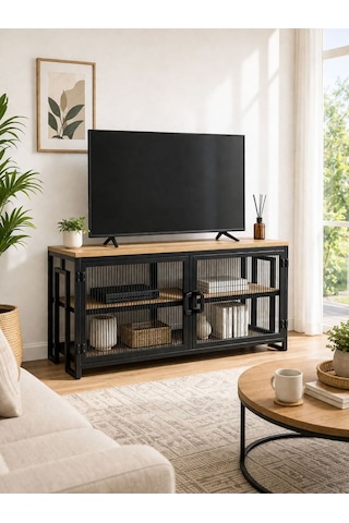 Uykula Tv Sehpası 90 Cm Metal Ayaklı Ahşap Üstlü Raflı Modern Tv Ünitesi Siyah