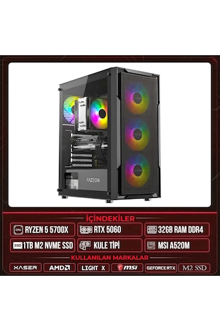 Xaser LIGHT X10 R7-5700X 32 GB 1 TB M.2 NVMe SSD 8 GB RTX5060 Free Dos Masaüstü Oyuncu Bilgisayarı