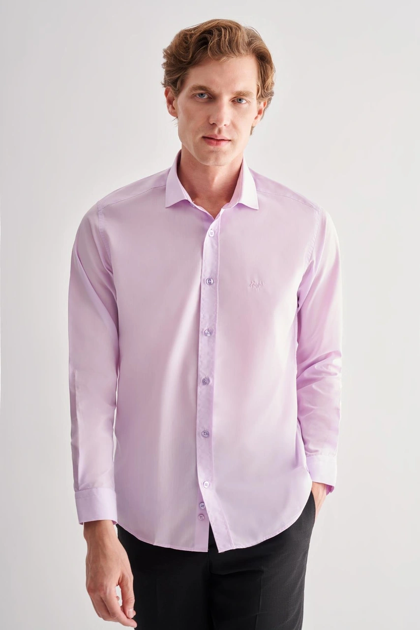 İmza Lila Yarım İtalyan Yaka Uzun Kol Slim Fit Pamuklu Gömlek 1004255180 Lila