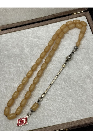 Alpaka Türk Bayrağı Uçlu Sıkma Kehribar Tesbih Krem, 7x11 Mm