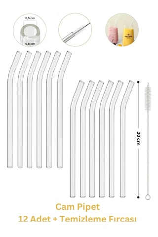 12 Adet Borosilikat Cam Pipet Seti + Temizleme Fırçası Isıya Dayanıklı, Yeniden Kullanılabilir Şeffaf