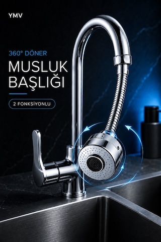 Ymv Turbo Flex Musluk Başlığı 360 Derece Döner Hareketli Musluk Aparatı 2 Fonksiyonlu Su Tasarruflu Lavabo Ucu Uzun