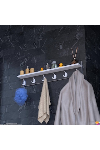 Modilayn Kedi Serisi 6 Lı Banyo Askısı Seti 96,4x18 Cm 18 Kancalı Raflı Düzenleyici Yer Tasarrufu. Antrasit - Beyaz