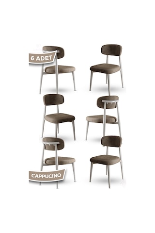 Canisa Laos Serisi 6 Adet Cappucino Mutfak Sandalyesi Beyaz Metal İskeletli 1. Sınıf Babyface Kumaş Cappucino Sandalye Ayaklar Beyaz