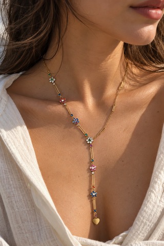 Bloom Collection Amora Renkli Taşlı Çiçek Detaylı Gold Uzun Çelik Y Kolye Altın Altın