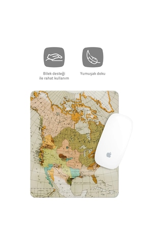 Vintage Harita Çizimli Bilek Destekli Dikdörtgen Mouse Pad Mouse Altlığı. Mousepad