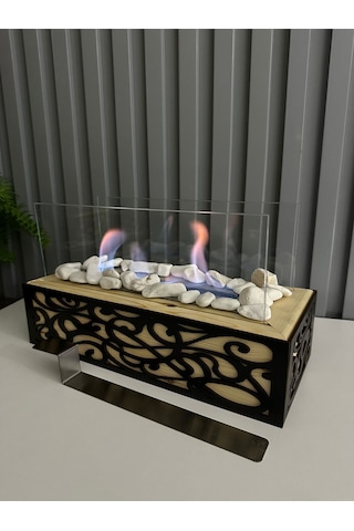 Esha Home Ahşap Masa Üstü Siyah Ahşap İşlemeli Bioethanol Şömine Sertifikalı Yakıt Ve Dekoratif Taş