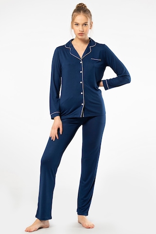 Türen 3365 Kadın Uzun Kollu Gömlek Yaka Pijama Takım-lacivert Lacivert
