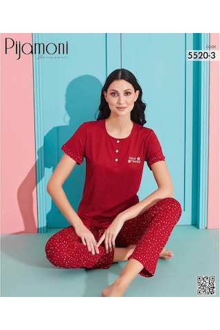 Pijamoni Kadın Viskoz Likralı Düğme Yaka Kaşkorse Patlı Kısa Kol Pijama Takımı 5520-3 / 1 Adet Kırmızı