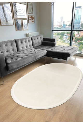 Valeryhome Vl Comfort Düz Saçaklı Peluş Düz Yolluk Ekru Oval Ekru Düz Saçak
