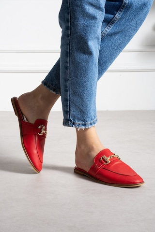 Shoetek Loive Kadın Terlik Önden Tokalı Kırmızı Deri Kırmızı