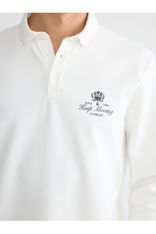 Lcwaıkıkı Classic Beyaz Polo Yaka Baskılı Erkek Sweatshirt