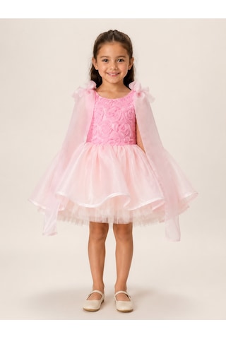 Star Kids Fashion Kız Çocuk Pembe Prenses Elbisesi Gül Detaylı Kabarık Tül Etek Omuzdan Tül Doğum Günü Özel Gün Abiye