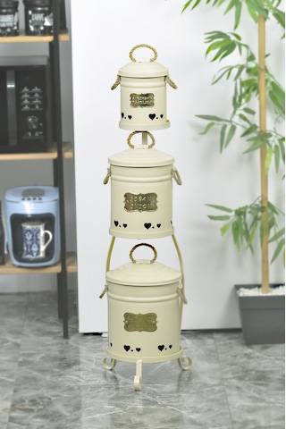 Metal Standlı 3 Katlı Patates Soğan Sarımsak Saklama Kova Krem