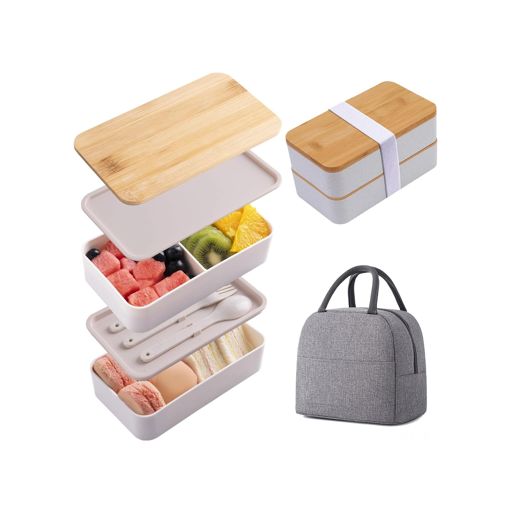 Yunboo Doğal Bambü Kapağı Çift Katlı Bento Kutusu, Mikrodalga Uyumlu, Yemekleri Ayırır, Isı Saklama Çantasıyla, Öğrenci-ofis Çalışanı İçin, Beyaz, 420g, Sağlıklı Pp Malzeme Beyaz