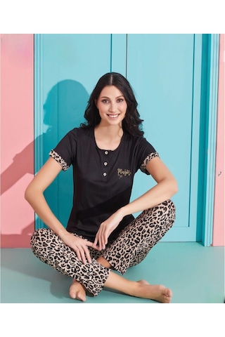 Pijamoni Kadın Viskoz Likralı Düğme Yaka Kaşkorse Patlı Kısa Kol Pijama Takımı 5520-1 / 1 Adet Siyah
