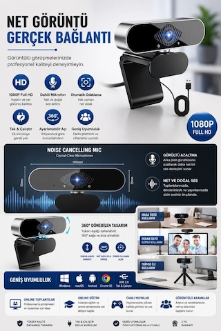 Northcity Webcam 1080p Hd Konferans Kamera Dahili Mikrofon Görüntülü Sohbet Yayın Kamerası Hd Video Ae-104