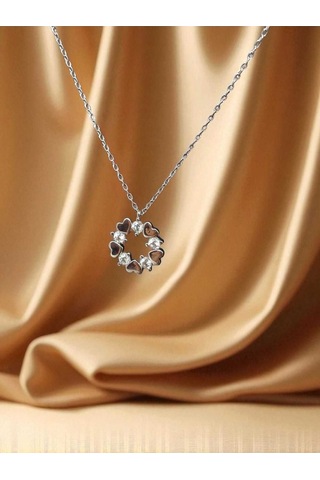 Taşlı Kalp Yapraklı Çiçek Figürlü 925 Ayar Gümüş Kolye Zarif Ve Işıltılı Tasarım Gümüş