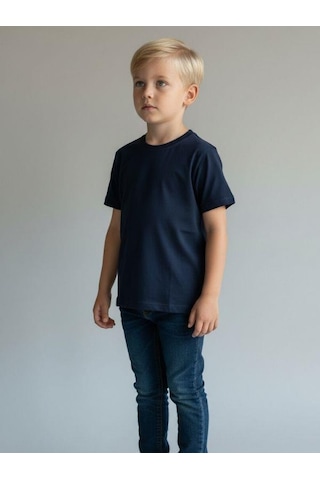 Zekids Çocuk Pamuklu Basic Yuvarlak Yaka T-shirt-16714 Lacivert