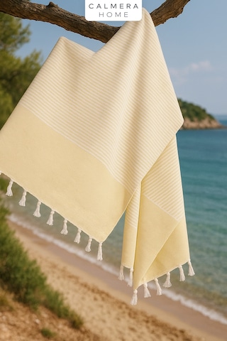 Calmera Çizgili Peştemal Pamuk - Doğal Saçaklı Plaj, Deniz, Havuz, Spa, Sauna, Spor, Seyahat Havlu Sarı