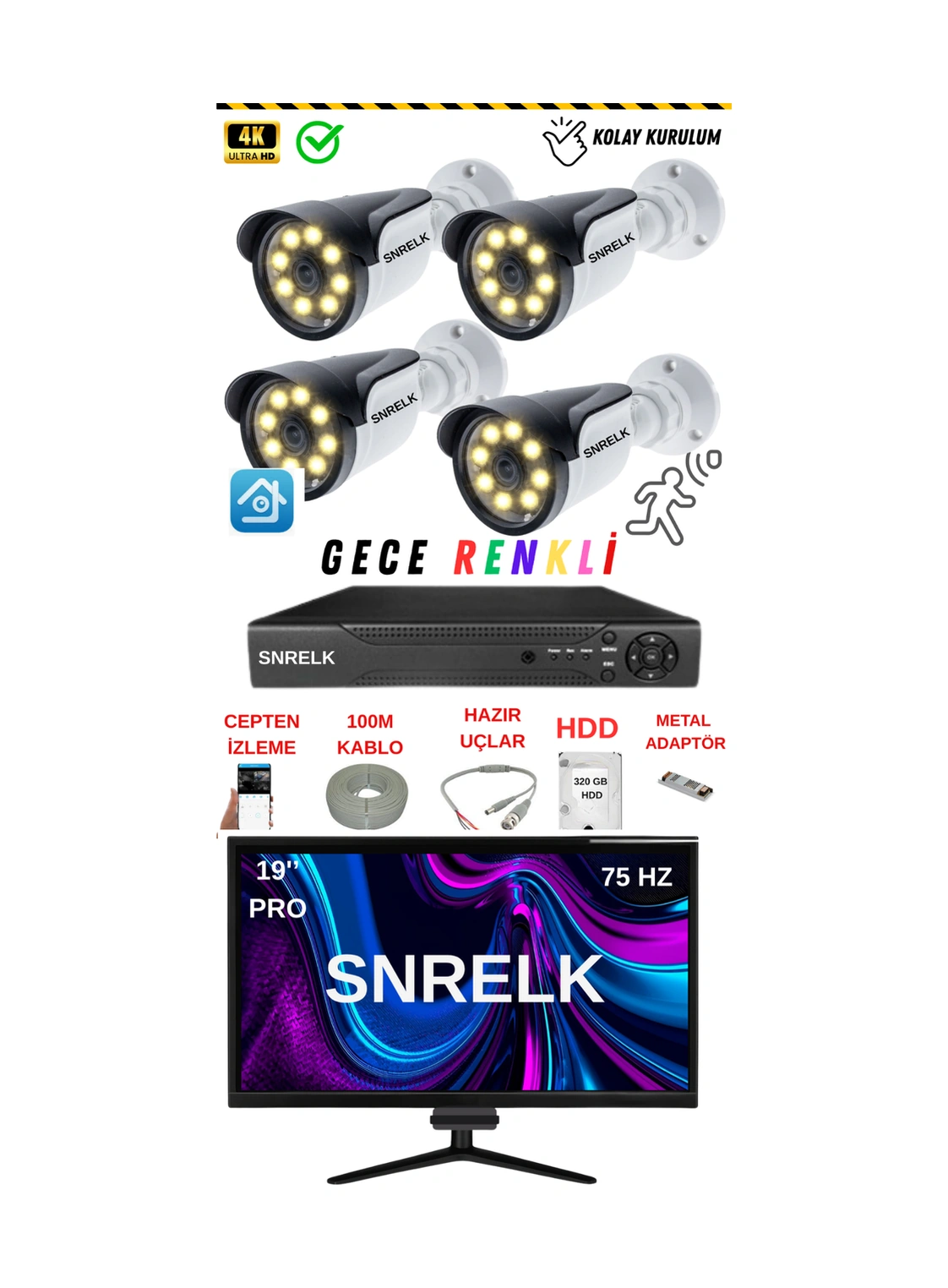 Snrelk 19'' Monitör 5mp Lens 4'lü Warm Lıght Gece Renkli 320 Gb Güvenlik Kamerası Set