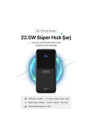4berry Y376 10000mah 22.5w Süper Hızlı Şarj Type-c Ve Lightning Kablolu Powerbank Siyah