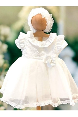 Cantoy Kız Bebek Şapka Detaylı Çiçekli Abiye Elbise-15305 Beyaz