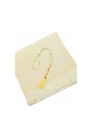 Premium Osmanlı Desen Seccade Ve Vavlı İnci Tesbih Set , Kadınlar Erkekler İçin Beyaz