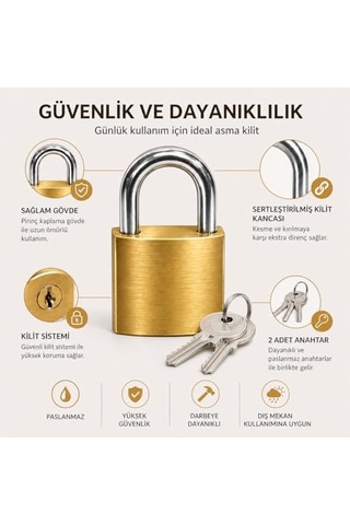 Orret Home 32 Mm Pirinç Gövdeli Asma Kilit Anahtarlı Kilit Paslanmaz Çelik Kanca Orta Boy Güvenlik Kilidi Kapı Dol