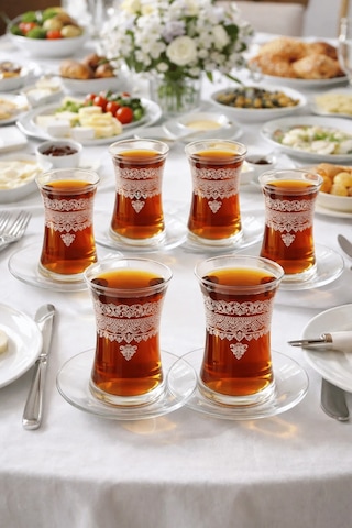 Imperial Model Desenli Şeffaf Cam Çay Seti 12 Parça Çay Takımı Şeffaf
