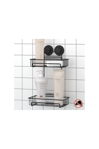 Vakumlu Banyo Rafı Şampuanlık 2 Katlı Siyah S242 Siyah