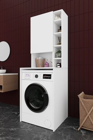 Asra Trend Çamaşır Makinesi Üstü Banyo Dolabı BD-02 %100 MDF Kapaklı Organizer Raf Beyaz