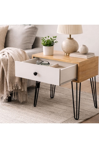 Modern Metal Ayaklı Suntalam Komodin Beyaz / Sonoma Ceviz Renk Sonomo