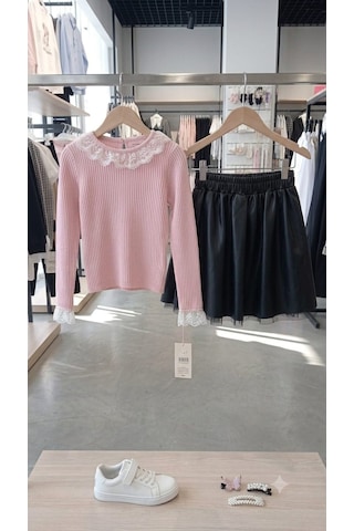 Pampal Moda Kız Çocuk Deri Etekli Takım Gülkurusu