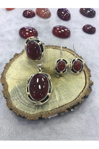 Akik Taşlı El Işi Gümüş Set 925 Ayar (380210604)
