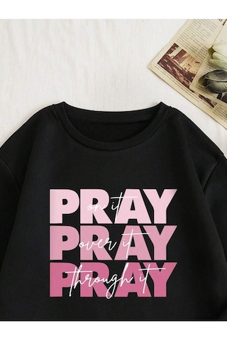 Pray Sweatshirt - Siyah Baskılı Oversize Bisiklet Yaka Siyah