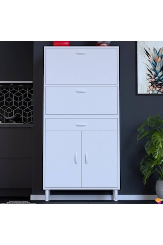 Modilayn Vio 70x163,4x32,5 Cm Yeni Çekmeceli, Kapaklı, Ekmeklikli, Çok Amaçlı Mutfak Dolabı. Beyaz