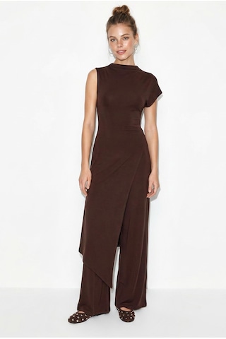 Shade Kadın Asimetrik Kesim Bluz Beli Lastikli Cep Detaylı Bol Pantolon Takım 1089 60286250 - Acı Kahve Çok Renkli
