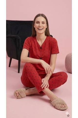 Sleeproom Yazlık Kırmızı Kalp Desenli Kısa Kol Penye %100 Pamuk Pijama Takım Kırmızı Siyah Kalp