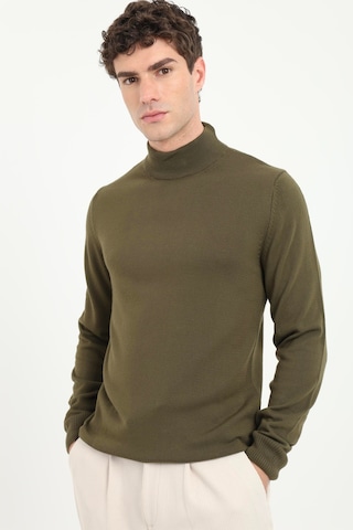 Dufy Erkek Slim Fit Yarım Balıkçı Yaka Haki Triko-18496