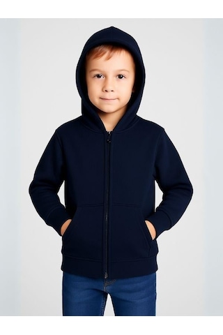 Çocuk Fermuarlı İnce Mevsimlik Basic Kapüşonlu Okul Hırkası-16092 Lacivert